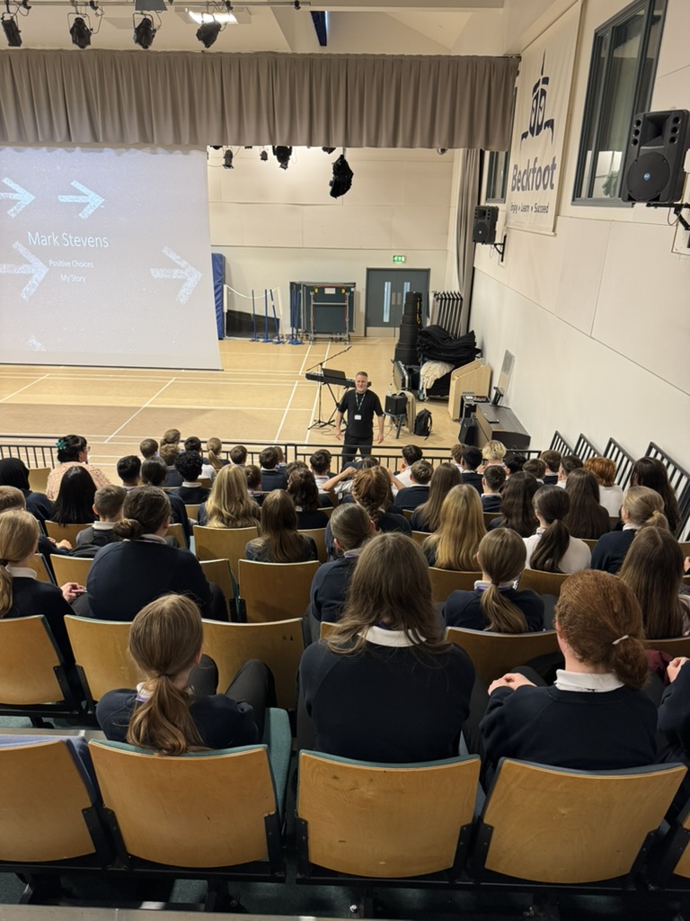 Mark Stevens delivering a Sound of Change assembly to students at Beckfoot School