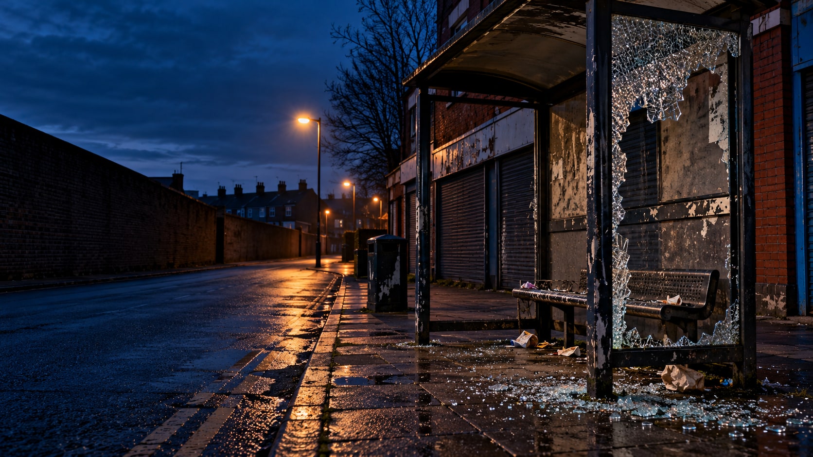 Illustrative damaged bus shelter on a neglected street at dusk